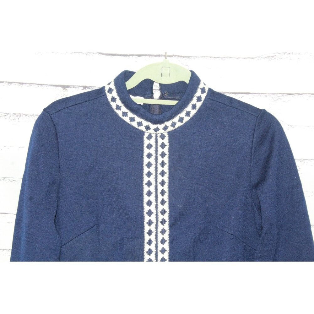 Vintage R&K Knits Womens Navy Blue Embroidered High Neck Dress Dark Academia Mod - Picture 2 of 12